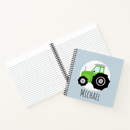 Boys Green Tractor Pattern and Name Kids School Notebook