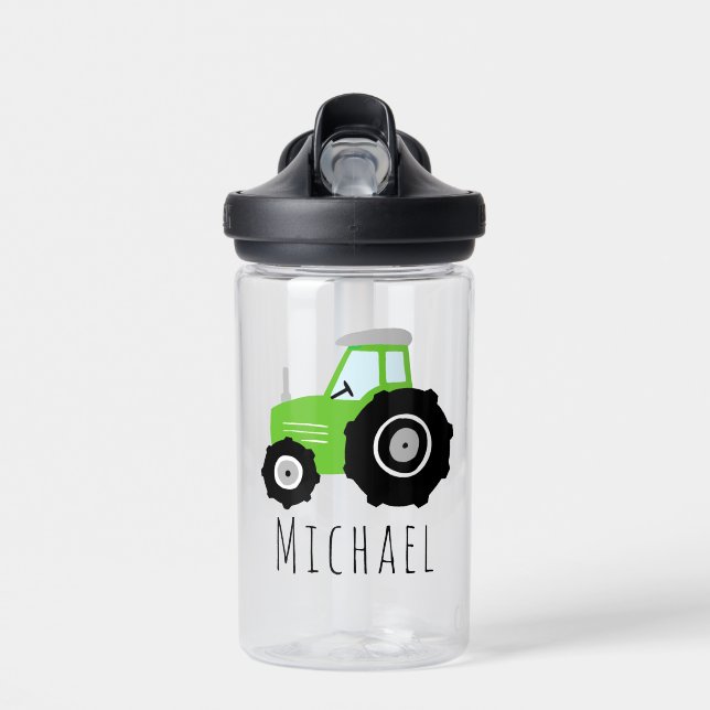 Boy's Green Transport Tractor Kids School Water Bottle (Front)