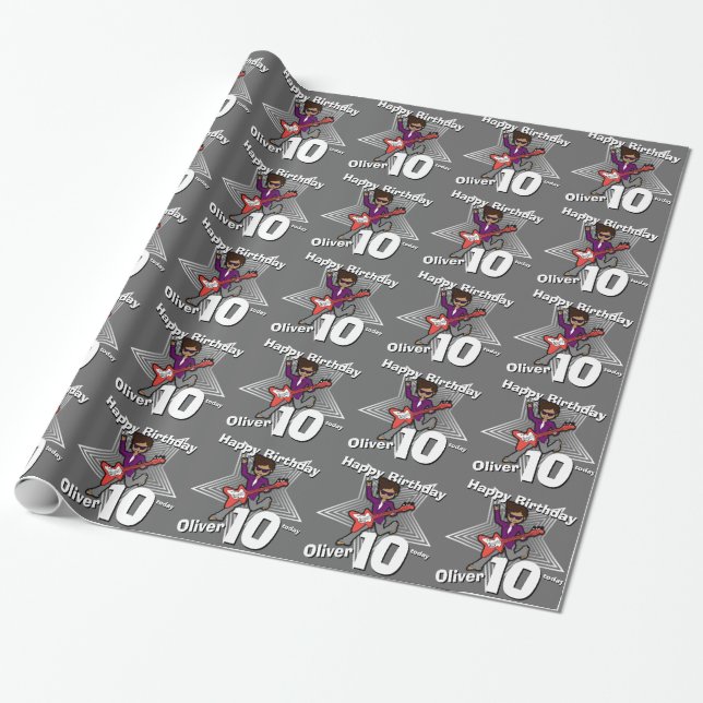 Boys grey name 10th birthday rockstar wrap wrapping paper (Unrolled)