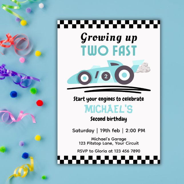 Boys Growing Up Two Fast Race Car 2nd Birthday Invitation (Creator Uploaded)
