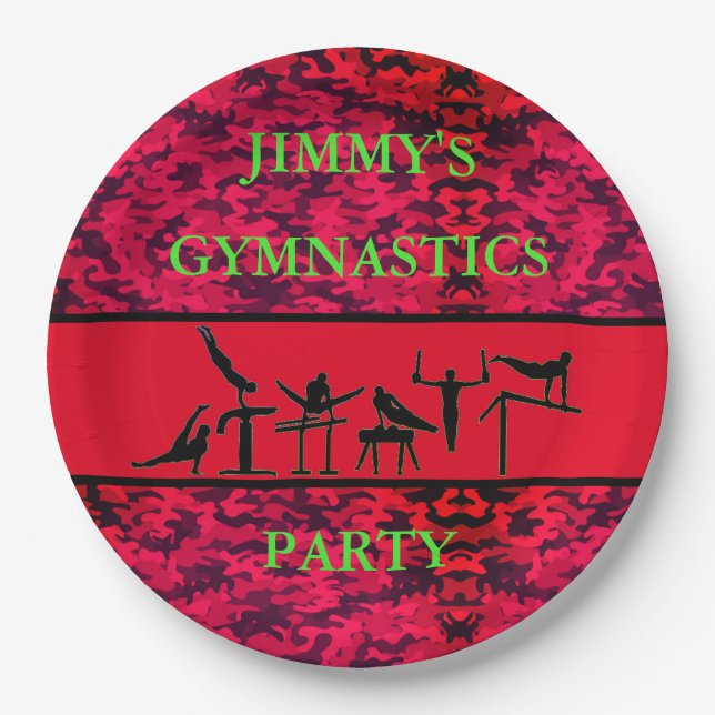 Boys Gymnastics Birthday Party Camo Plates w/ Name (Front)