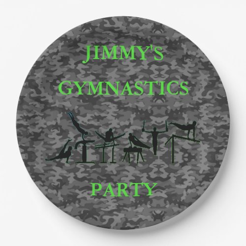 Boys Gymnastics Birthday Party Camo Plates w Name