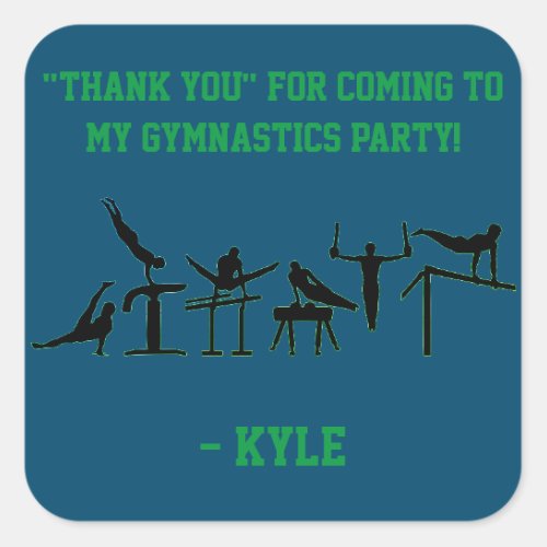 BOYS GYMNASTICS BIRTHDAY PARTY PERSONALIZED SQUARE STICKER