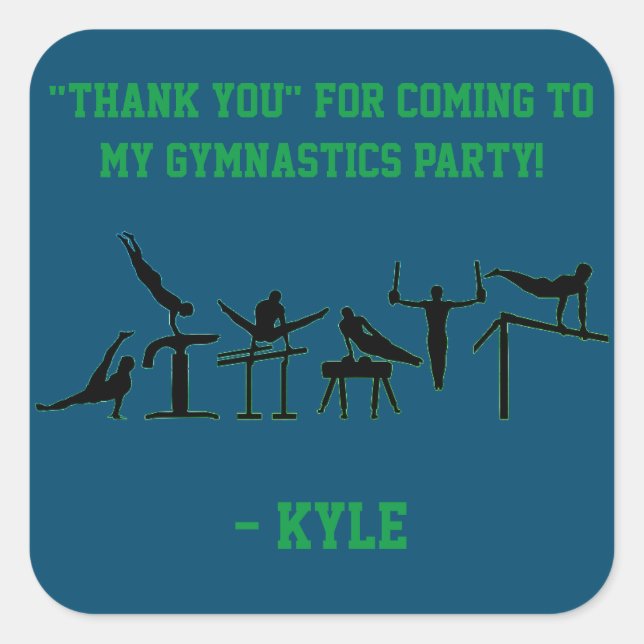 BOYS GYMNASTICS BIRTHDAY PARTY PERSONALIZED SQUARE STICKER (Front)
