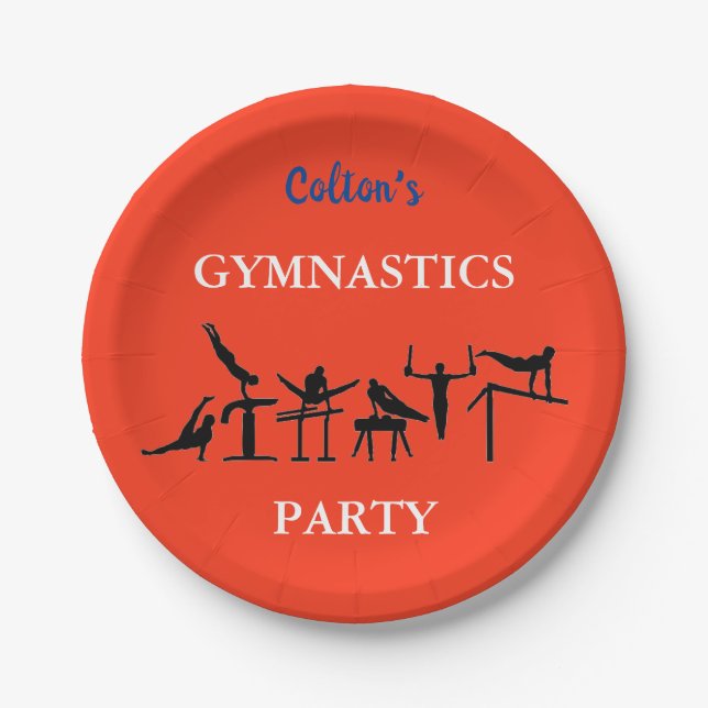 Boys Gymnastics Birthday Party Plates w/ His Name (Front)
