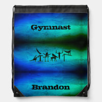 Boys Gymnastics Custom Name Blue Green Drawstring Bag