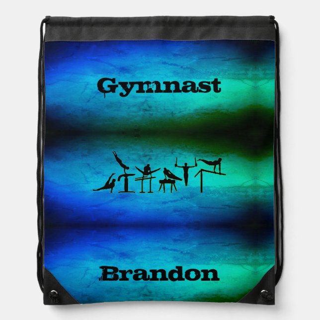 Boys Gymnastics Custom Name Blue Green Drawstring Bag (Front)