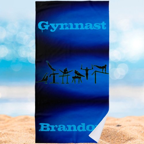 Boys Gymnastics Custom Name Blue Ombre Beach Towel