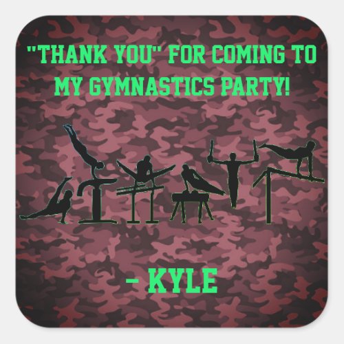 Boys Gymnastics Party Thank you Camouflage Square Sticker