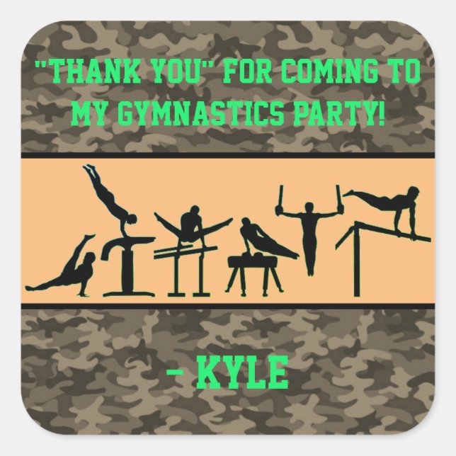Boys Gymnastics Party "Thank you" Camouflage Square Sticker (Front)