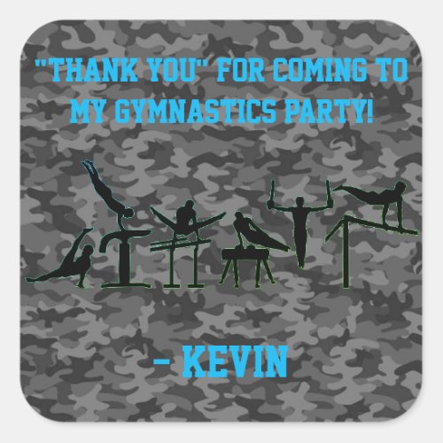 Boys Gymnastics Party Thank you Camouflage Square Sticker