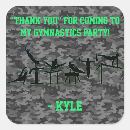 Boys Gymnastics Party Thank you Camouflage Square Sticker