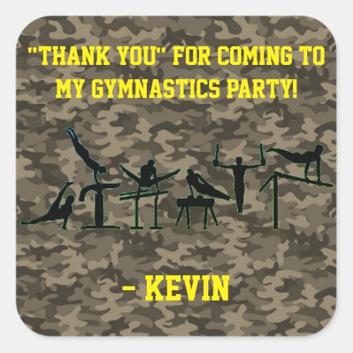 Boys Gymnastics Party Thank you Camouflage Square Sticker