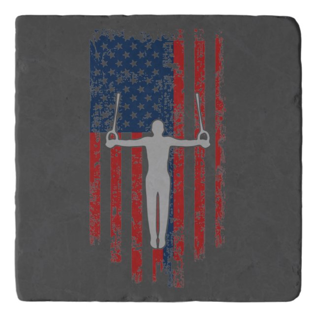 Boys Gymnastics Rings Distressed American Flag    Trivet (Front)