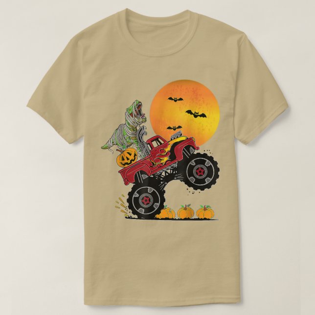 Boys Halloween Monster Truck Crash Pumpkin Dinosau T-Shirt (Design Front)