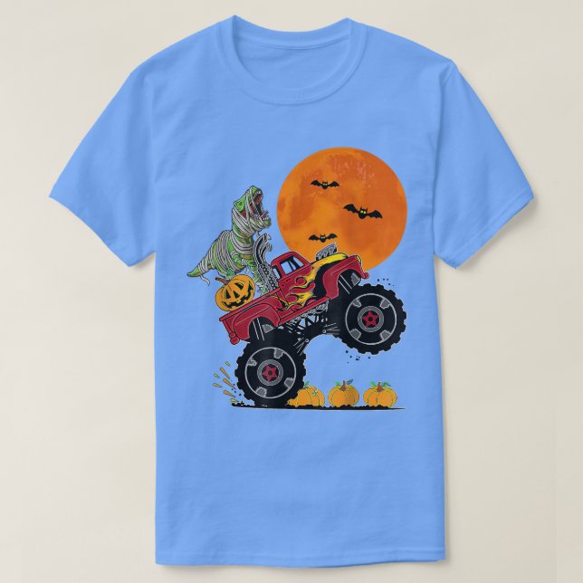 Boys Halloween Monster Truck Crash Pumpkin Dinosau T-Shirt (Design Front)
