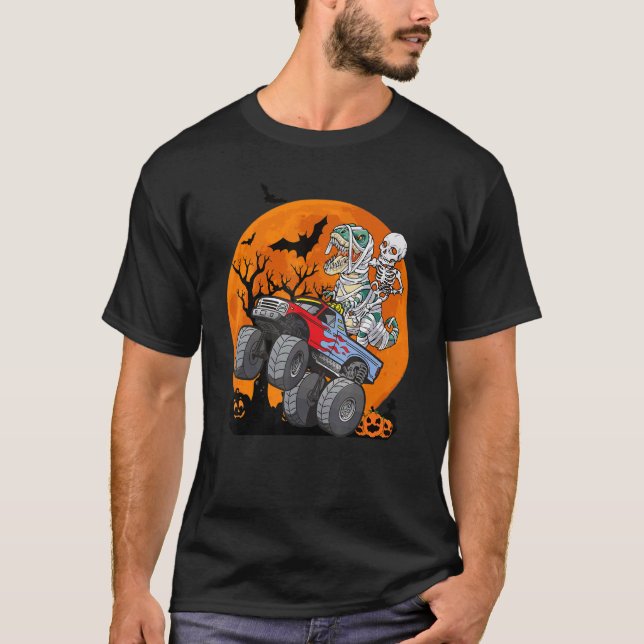 Boys Halloween Monster Truck Pumpkin Mummy Dinosau T-Shirt (Front)