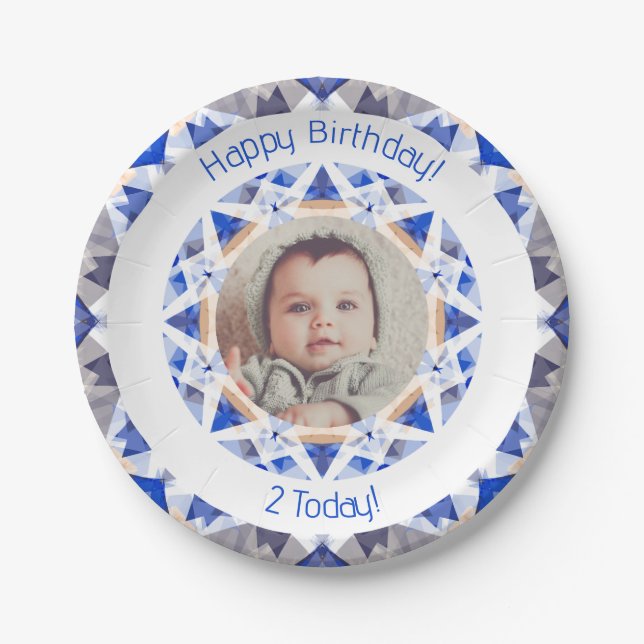 Boys Happy Birthday Vibrant Blue Star Custom Age Paper Plates (Front)