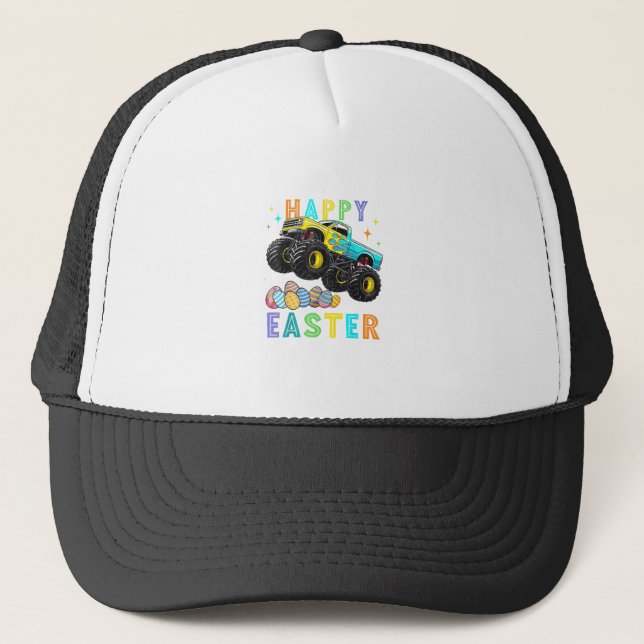 Boys Happy Easter Monster Truck Easter Eggs Toddle Trucker Hat (Front)