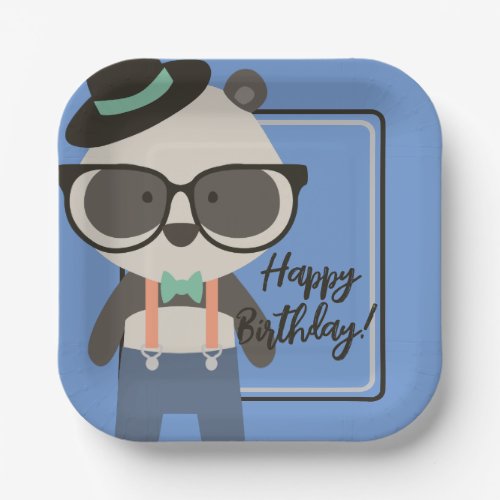 Boys Hipster Mister Panda Bear Birthday Paper Plates
