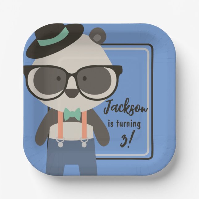 Boys Hipster Mister Panda Bear Birthday Paper Plates (Front)