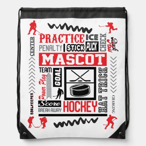 Boys Hockey Terminology in Red   Drawstring Bag