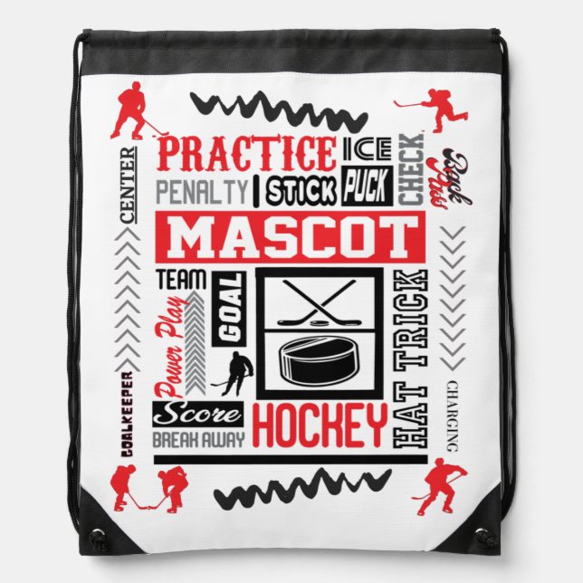 Boys Hockey Terminology in Red   Drawstring Bag (Front)