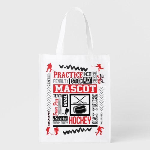 Boys Hockey Terminology in Red  Grocery Bag