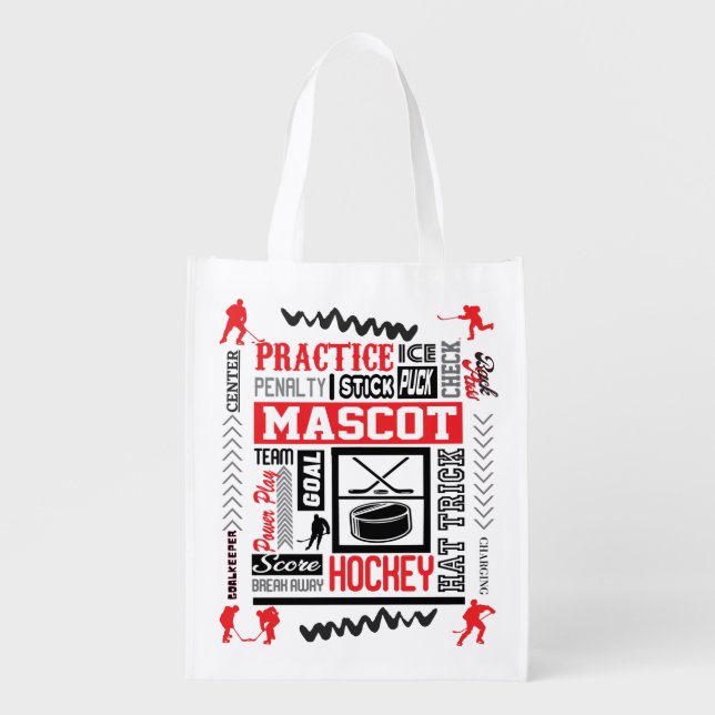 Boys Hockey Terminology in Red  Grocery Bag (Front)