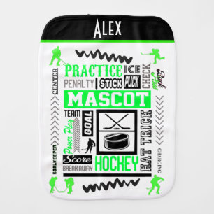 Boys Hockey Terminology Personalized Neon Green  Baby Burp Cloth