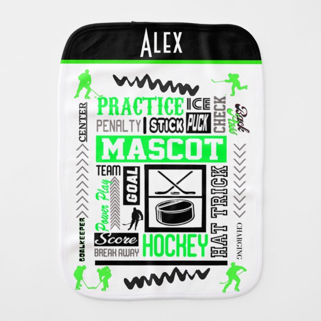 Boys Hockey Terminology Personalized Neon Green  Baby Burp Cloth (Front)