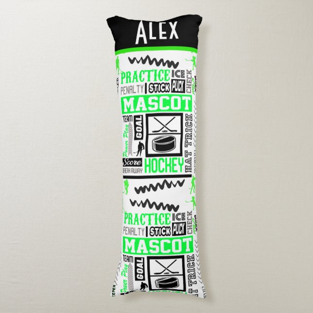 Boys Hockey Terminology Personalized Neon Green  Body Pillow (Front Vertical)