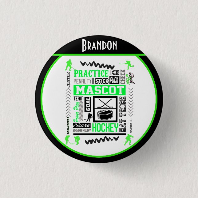 Boys Hockey Terminology Personalized Neon Green    Button (Front)