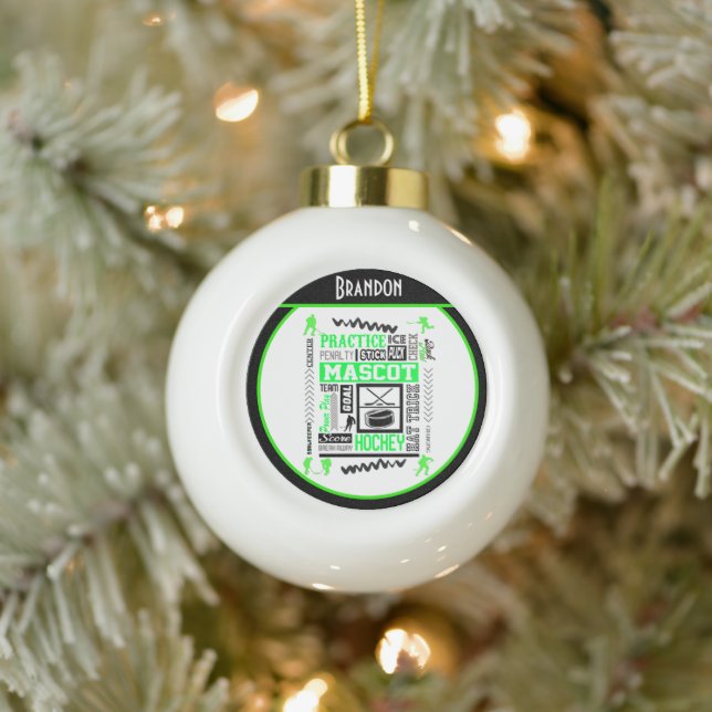 Boys Hockey Terminology Personalized Neon Green    Ceramic Ball Christmas Ornament (Tree)
