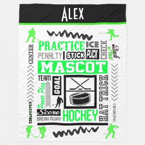 Boys Hockey Terminology Personalized Neon Green  Fleece Blanket