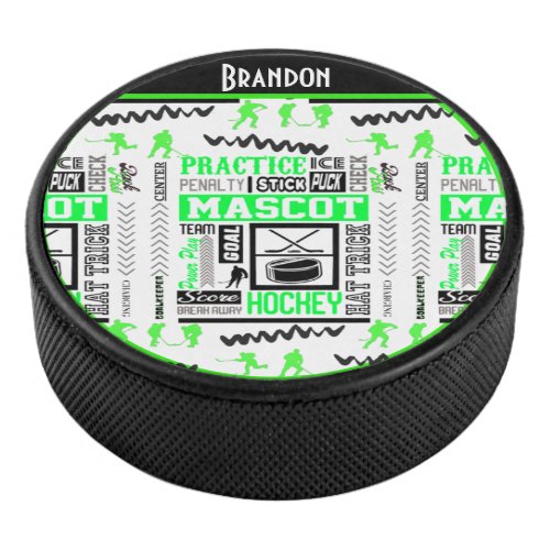 Boys Hockey Terminology Personalized Neon Green    Hockey Puck