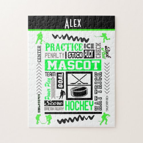 Boys Hockey Terminology Personalized Neon Green  Jigsaw Puzzle