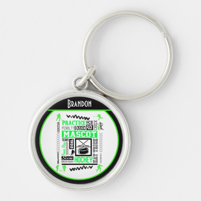 Boys Hockey Terminology Personalized Neon Green   Keychain (Front)