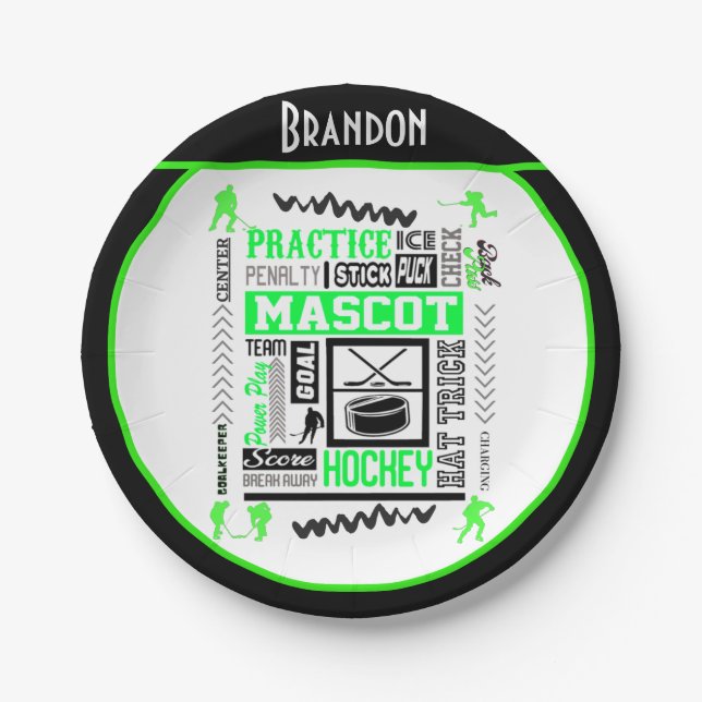 Boys Hockey Terminology Personalized Neon Green    Paper Plates (Front)