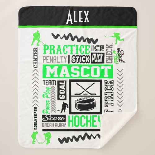 Boys Hockey Terminology Personalized Neon Green  Sherpa Blanket