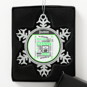 Boys Hockey Terminology Personalized Neon Green  Snowflake Pewter Christmas Ornament