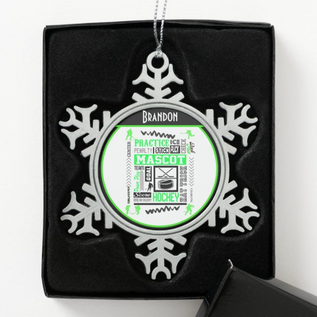 Boys Hockey Terminology Personalized Neon Green  Snowflake Pewter Christmas Ornament (Box)