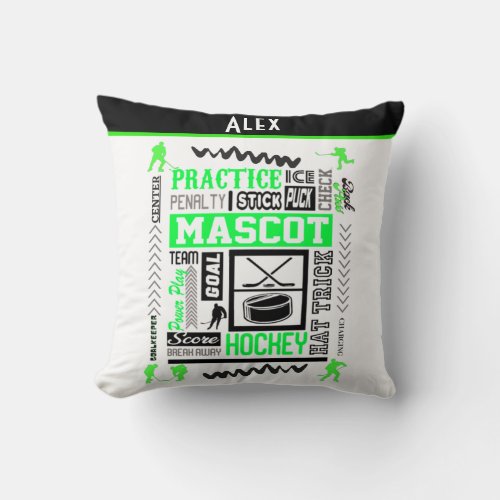 Boys Hockey Terminology Personalized Neon Green   Throw Pillow