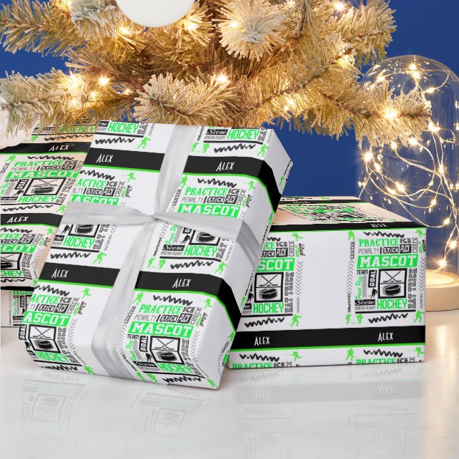 Boys Hockey Terminology Personalized Neon Green  Wrapping Paper (Holidays)