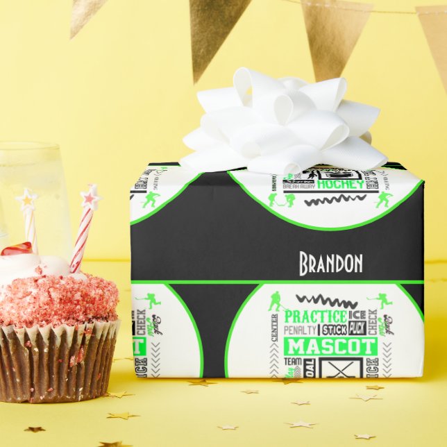 Boys Hockey Terminology Personalized Neon Green   Wrapping Paper (Birthday Party)