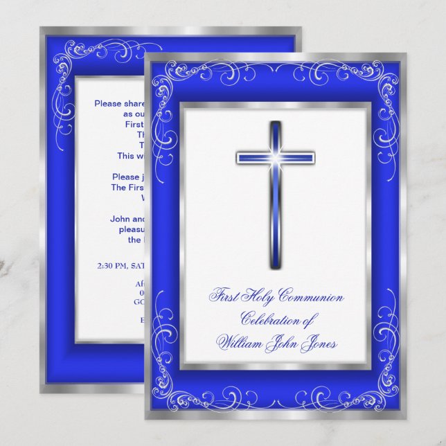 Boys Holy Communion Silver Royal Blue Cross Invitation (Front/Back)