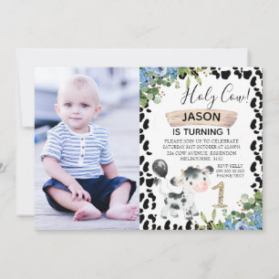 Boys Holy Cow and Cow Print Photo 1st Birthday Invitation