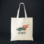 Boys Hot Blue Racing Car Kids Tote Bag<br><div class="desc">This modern and cool boys tote bag design features a car with wheels and hot flames. The bag can be personalized with a name.</div>