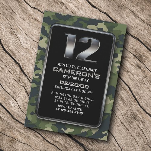 Boys Hunting Army 12th Birthday Invitation