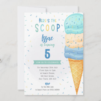 Boys Ice Cream Cone Invite - Blue Green Scoop